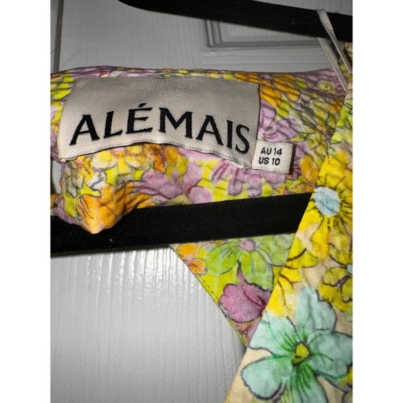 ALÉMAIS Floral Print Mini Dress Puff Sleeve Tie Cutout Backless Yellow US 10 - Picture 6 of 12